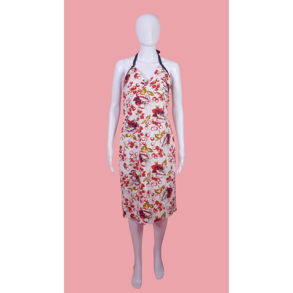 Y2K ZINC CHERRY CHERRIES and Flowers Fruit Print White and Red Halter Dress. S-M